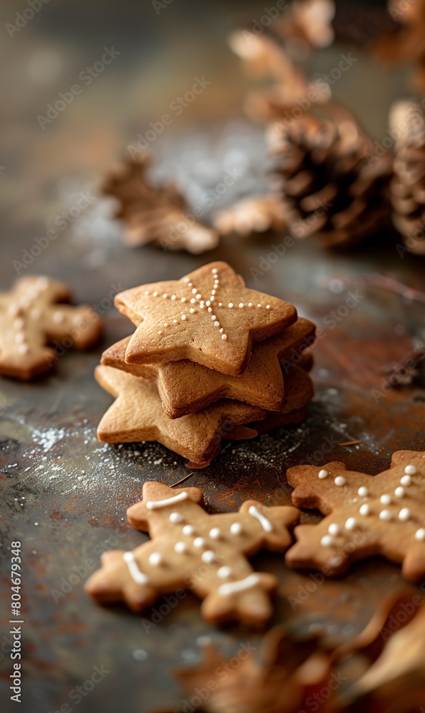 Stack of star-shaped gingerbread cookies with festive decorations Stack of star-shaped gingerbread cookies with festive decorations
