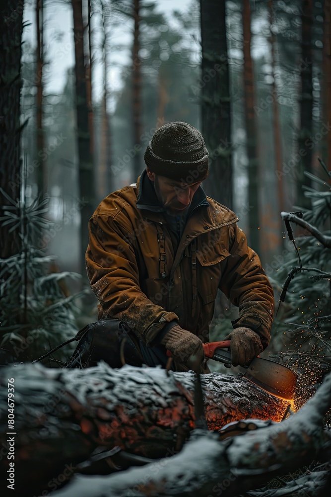 a man cuts down trees in the forest