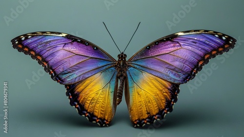   A colorful butterfly perched atop a gray background with wings outstretched