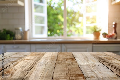 Wooden texture table top on blurred kitchen window background - generative ai © Nia™