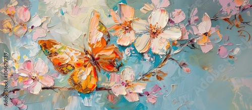Cherry blossoms and butterfly. Oil painting. Beautiful Sakura flowers and a fluttering butterfly. Orange and blue tones