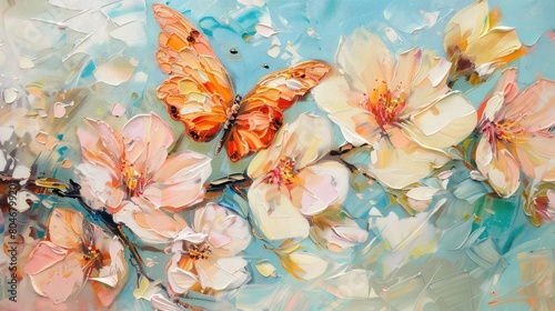 Cherry blossoms and butterfly. Oil painting. Beautiful Sakura flowers and a fluttering butterfly. Orange and blue tones