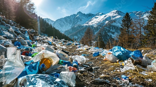 Dumped plastic and garbage littering the mountainous landscape, environmental pollution problem