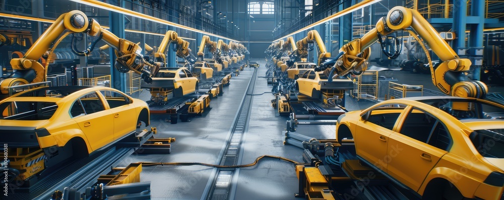 Robotic arms actively engaged in manufacturing, intricate technology within a bright industrial space.
