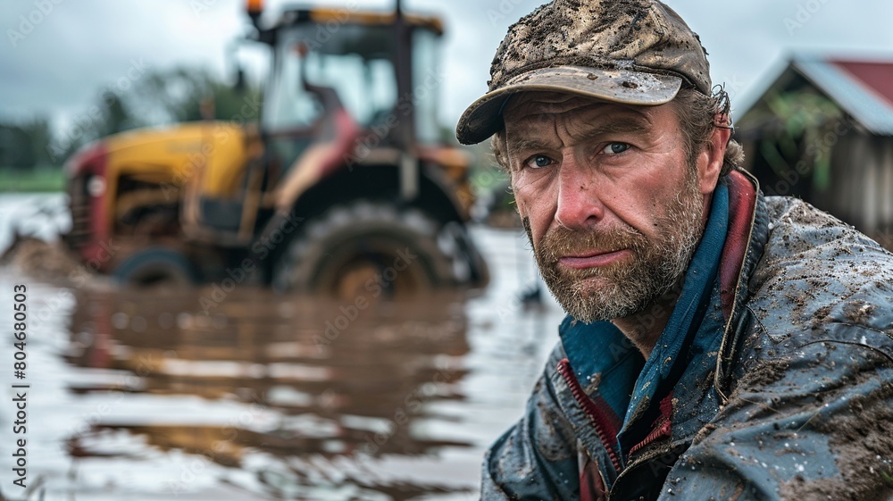 A moving image captures a farmer with tears in his eyes, standing helplessly in his flooded rice field under a dark, cloudy sky.