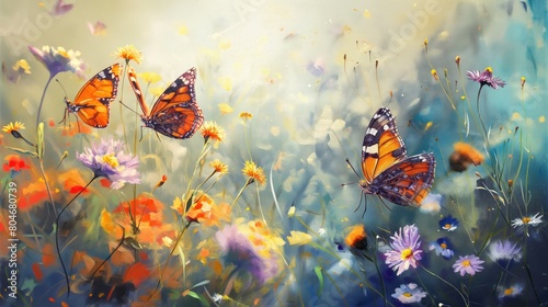 Flowers and butterflies in a summer meadow. Oil painting. Beautiful meadow flowers and a fluttering butterflies