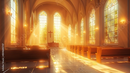 Tranquil Hospital Chapel - Detailed 2D Illustration with Copy Space for Text. Peaceful Space for Reflection and Prayer. Soft Sunlight Filtering Through Stained Glass Windows.