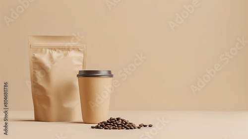 Coffee packaging and cup with coffee beans on a beige background