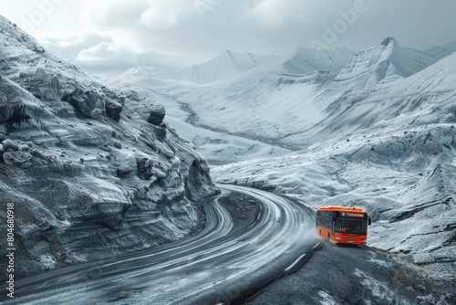 a bus in wavy road in mountains