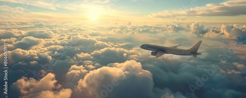 Airplane soaring above the clouds during sunset.