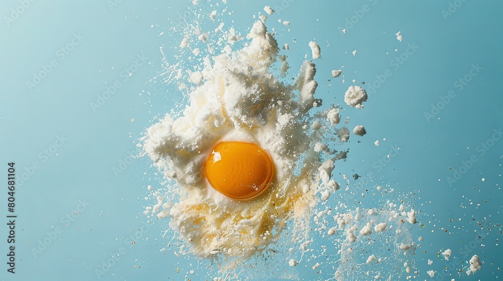 An egg in eggshells mixed with milk against blue and white backdrop An egg in eggshells mixed with milk against blue and white backdrop