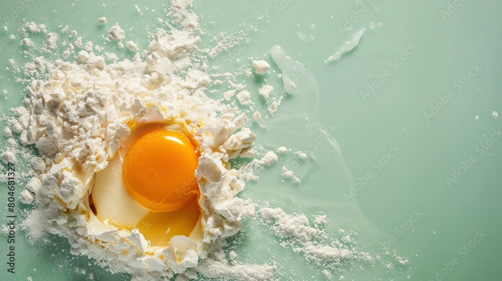   A hard-boiled egg on a green tablecloth with white powder scattered on the surface