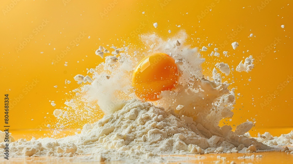   An orange splashes out of white powder on a yellow background with a water splash