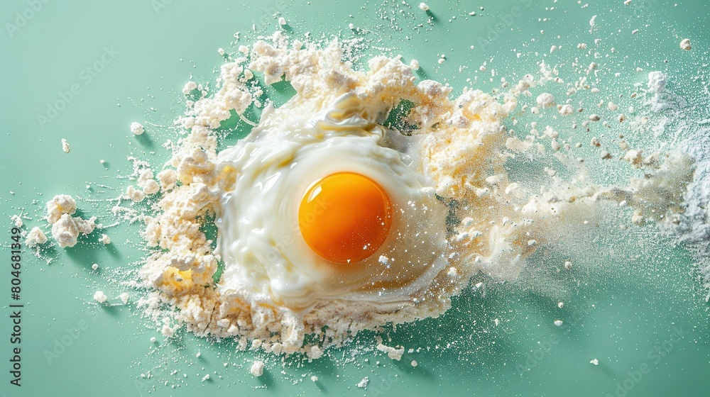 A fried egg sits atop a mound of powdered sugar and crushed eggshells on a verdant background A fried egg sits atop a mound of powdered sugar and crushed eggshells on a verdant background