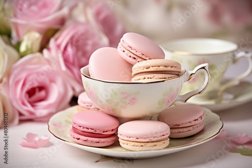 macarons on a plate in pink and pastel colors, decorated with roses, close-up