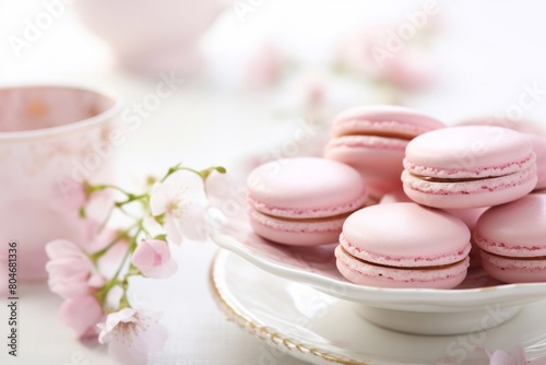 macarons on a plate in pink and pastel colors decorated with flowers