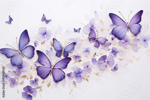 Oil painting with purple flowers and butterflies on a white background