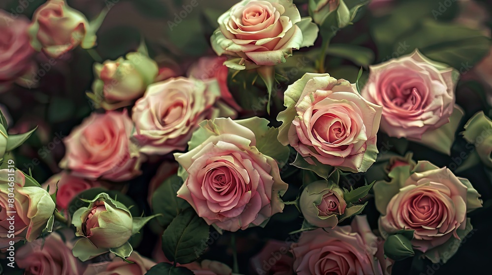 A stunning arrangement of pink roses with delicate green tipped petals A stunning arrangement of pink roses with delicate green tipped petals