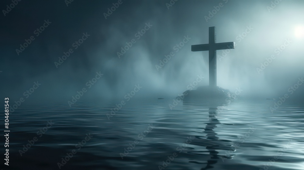 A somber and atmospheric depiction of a cross shrouded in mist, emerging from dark waters. Symbolic of hope amidst turmoil. Concept of redemption, mystery, and the steadfastness of faith