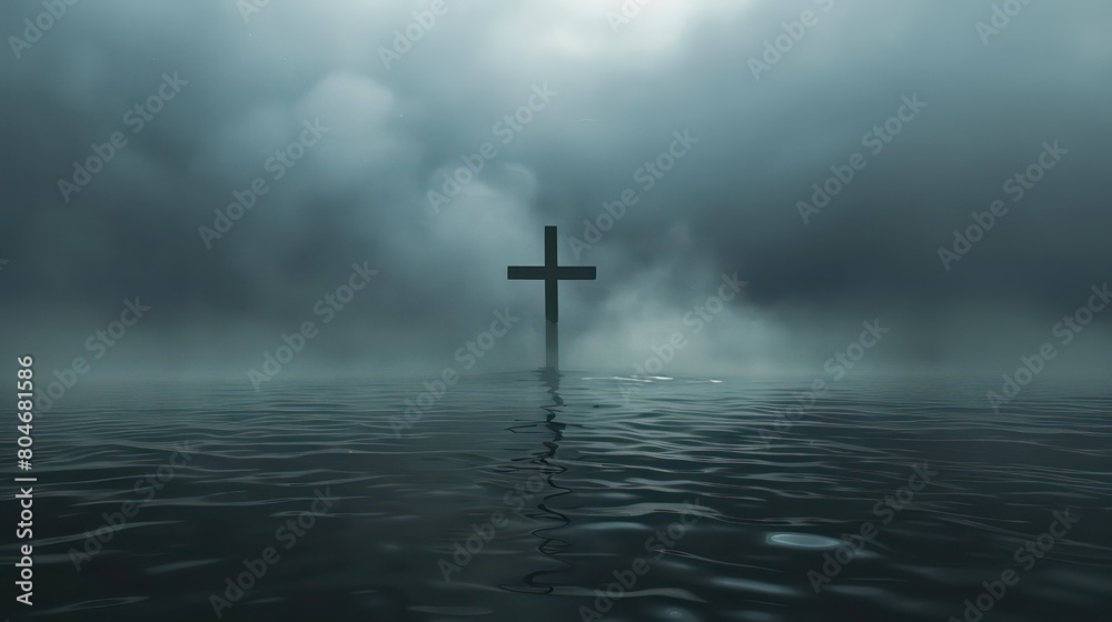 Naklejka premium A somber and atmospheric depiction of a cross shrouded in mist, emerging from dark waters. Symbolic of hope amidst turmoil. Concept of redemption, mystery, and the steadfastness of faith