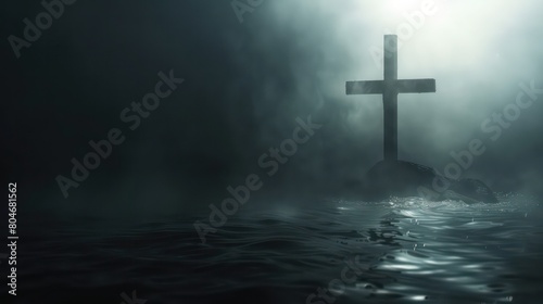 A somber and atmospheric depiction of a cross shrouded in mist, emerging from dark waters. Symbolic of hope amidst turmoil. Concept of redemption, mystery, and the steadfastness of faith photo