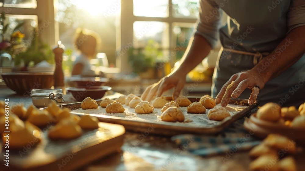 A baker carefully places balls of dough on a baking sheet, preparing them for the oven. In the background, a small child watches,Chong Jing Zhao Xin Xian Chu Lu De Mei Wei .