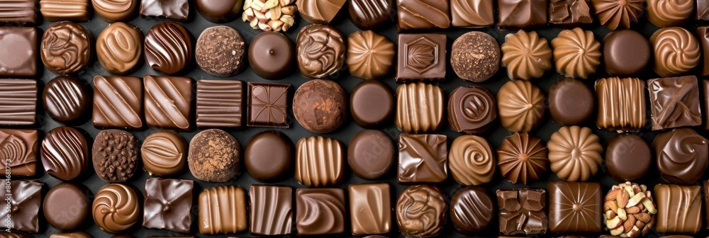 Assorted chocolates display tempting mix of flavors and shapes with copy space for branding Assorted chocolates display tempting mix of flavors and shapes with copy space for branding