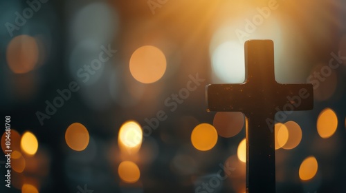 Abstract christian cross in church on clean background and bokeh