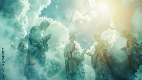 All Saints' Memorial Day. figures of praying saints in a bright space. clouds. spiritual light