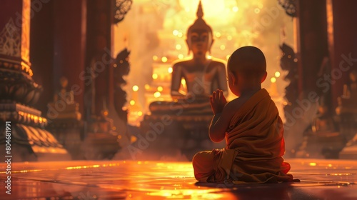 Baby buddhist monk praying in front of buddah statue illustration photo