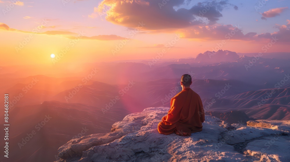 Buddhist monk in meditation on mountaintop at beautiful sunset or sunrise