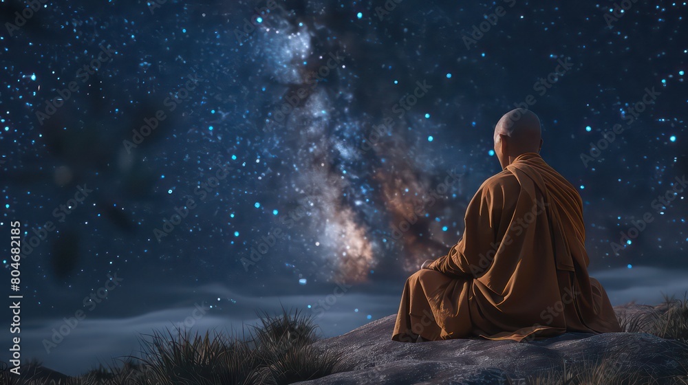 Buddhist monk looking at the universe. Buddhist monk meditates on the background of the starry sky