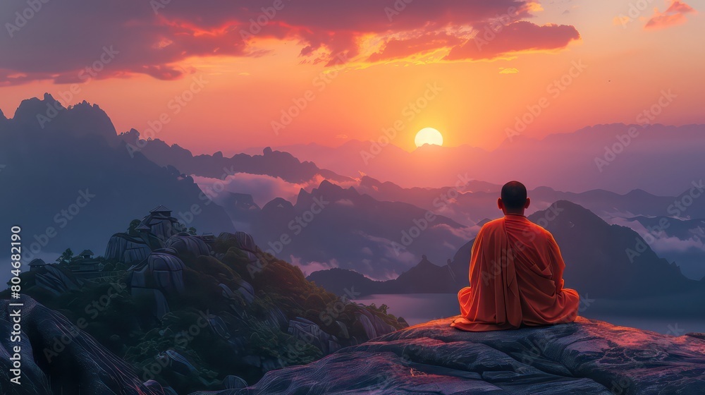 Buddhist monk in meditation on mountaintop at beautiful sunset or sunrise