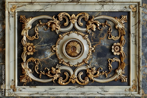 Lavish antique baroque, barocco ornate marble ceiling frame non linear reformation design. elaborate ceiling with intricate accents depicting classic elegance and architectural beauty