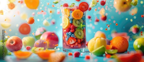 A glass of fruit juice with a variety of fruits exploding out of it in slow motion. photo