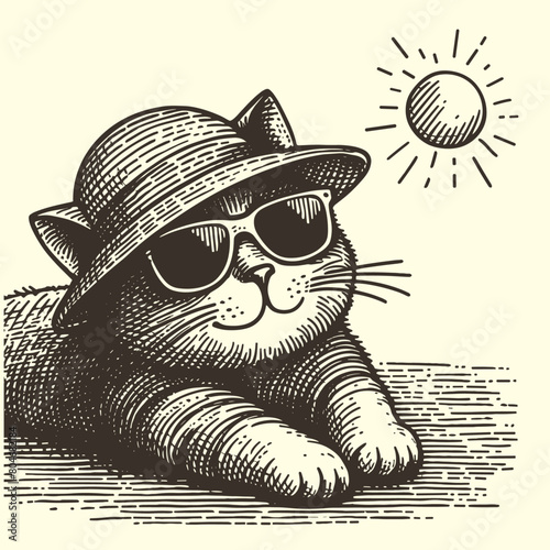 cat in sunglasses resting in the sun summer sketch © Satoru Sketches