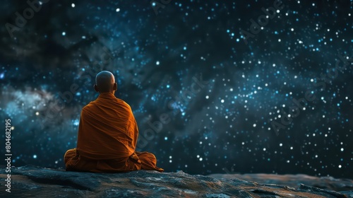 Buddhist monk looking at the universe. Buddhist monk meditates on the background of the starry sky