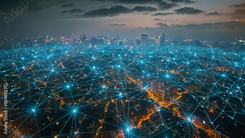 Dusk settles over a city intertwined with a glowing digital network overlay.