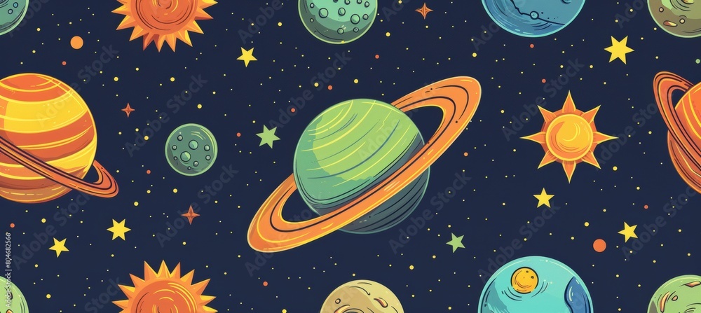 Whimsical cartoon planets and stars seamless pattern on a midnight blue background