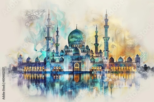 beautiful mosque painting in peaceful surroundings islamic architecture illustration watercolor artwork