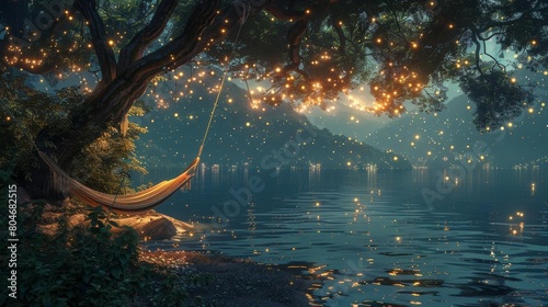 Relaxing lakeside hammock under a starlit sky. © tanapat