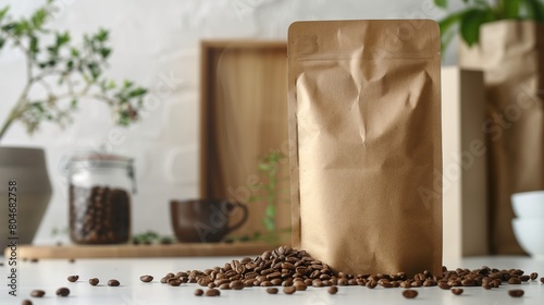 Sealed coffee bag with fresh beans on a kitchen counter