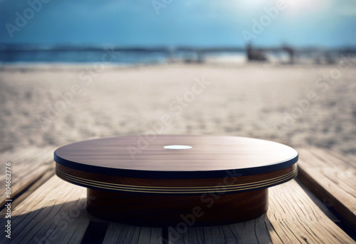 'podium splay table beach wooden Round product poduim sandy shore sandbeach landscape view sea ocean sunset summer paradise' photo
