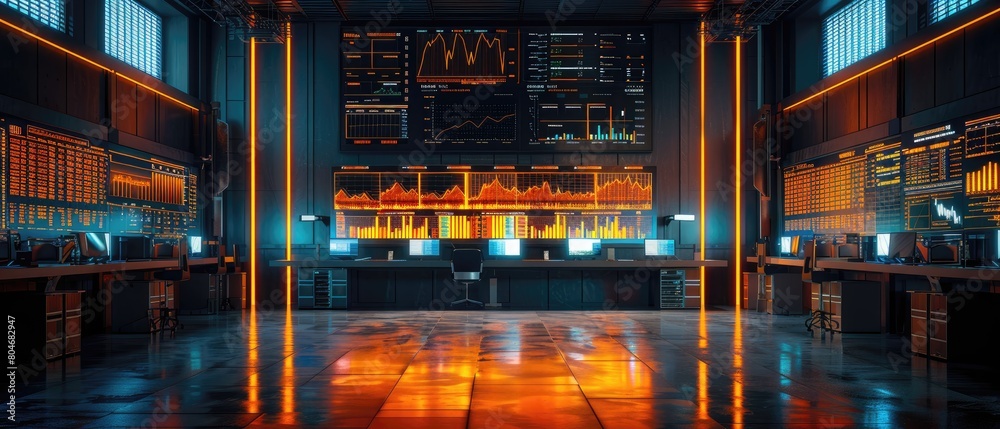 A futuristic control room with multiple computer stations and large screens displaying various data and graphs. A futuristic control room with multiple computer stations and large screens displaying various data and graphs.