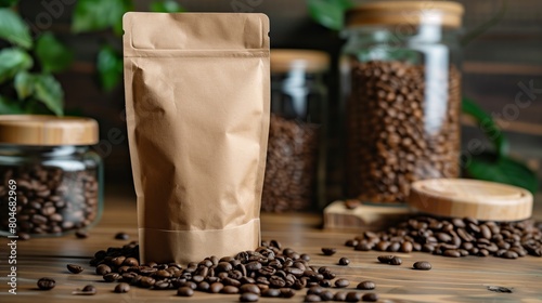 Blank coffee packaging on wooden table amid roasted beans and glass jars