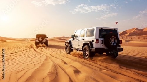 White jeep wrangler driving fast through the sandy desert under the clear blue sky on a sunny day