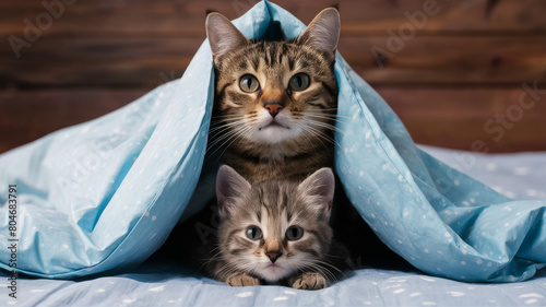 Cute cat and kitten hiding under a blue blanket with white dots  creating an atmosphere of coziness and warmth
