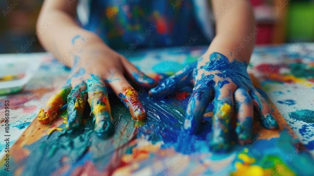 Close up of attractive elementary student hand playing stained color in art lesson. Happy children hand putting hand on paper and doing creative activity in art class. Blurring background. AIG42.