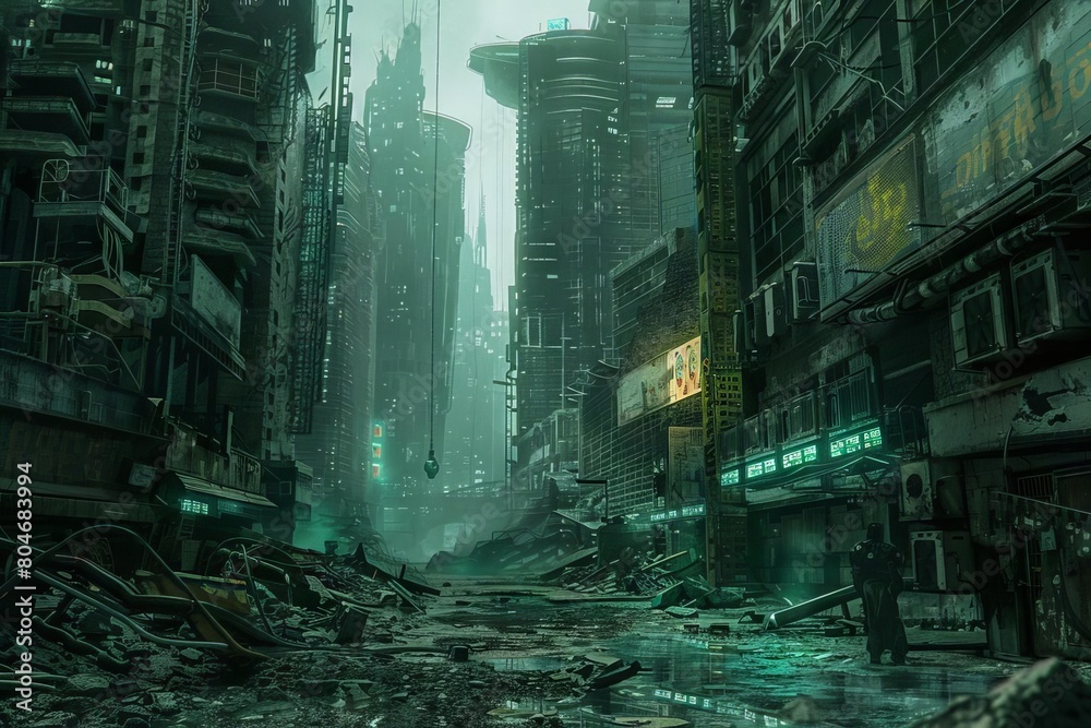 decaying cyberpunk city ruins dilapidated buildings and cybernetic scavengers futuristic concept art
