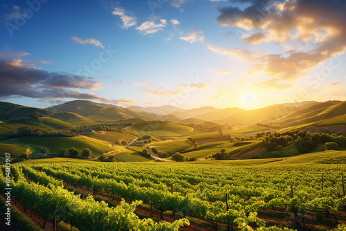 A picturesque vineyard with rolling hills and grapevines bathed in golden sunlight  isolated on solid white background.